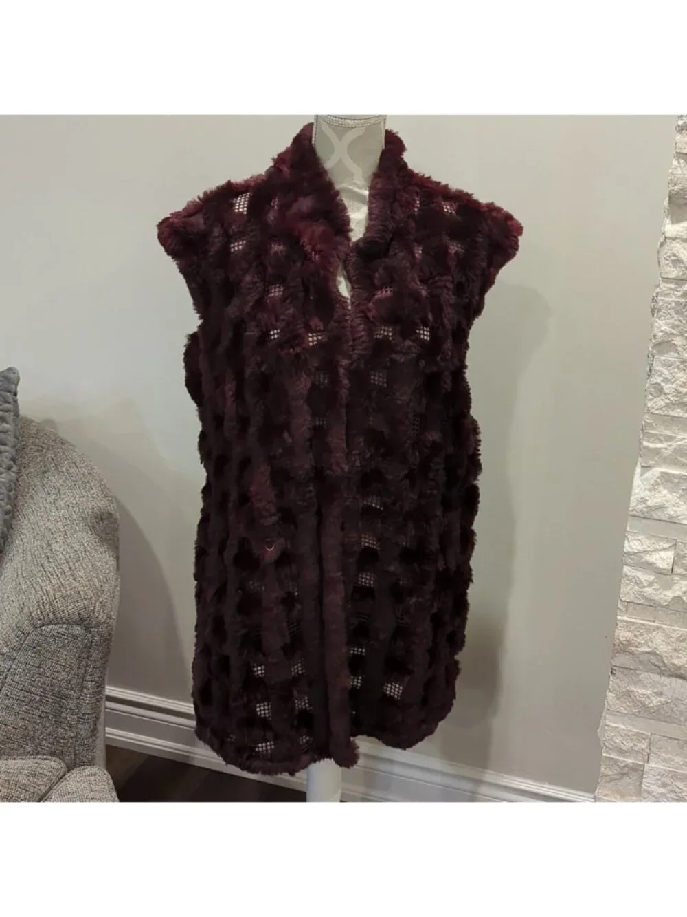 Burgundy/Wine color rabbit Fur vest with mesh